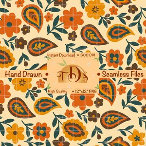 Peut inclure: Un motif sans couture avec un design répétitif de fleurs orange et jaunes, de formes de cachemire et de feuilles vertes sur un fond crème. L'image comprend le texte "Téléchargement instantané", "Dessiné à la main", "Fichiers sans couture" et "12"x12" PNG".