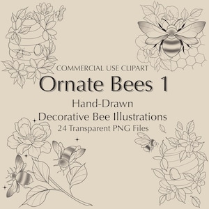 May include: Hand-drawn decorative bee illustrations in black and white. The image includes ornate bees, beehives, flowers, and the text "Ornate Bees 1". The clipart is labeled as "Commercial Use" and includes 24 transparent PNG files.