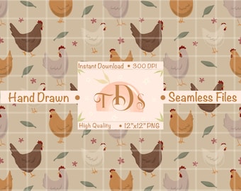Puede incluir: Patrón sin costuras con ilustraciones de gallinas en varios colores, incluyendo marrón, beige y blanco, sobre un fondo a cuadros beige. El diseño incluye el texto "Hand Drawn" y "Seamless Files". La imagen está etiquetada como "High Quality" y es 12"x12" PNG.