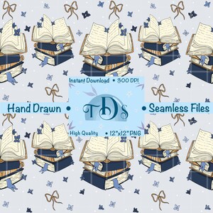 May include: Seamless pattern featuring stacks of books with open pages, blue ribbons, and floral and bow accents. The design includes the text "Instant Download," "Hand Drawn," and "Seamless Files."