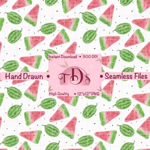 Könnte beinhalten: Ein nahtloses Muster mit handgezeichneten Wassermelonen und -scheiben in Rot, Grün und Schwarz auf weißem Hintergrund. Der Text "Instant Download", "300 DPI", "Hand Drawn", "Seamless Files", "High Quality" und "12"x12" PNG ist enthalten.