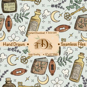 May include: A seamless pattern featuring hand-drawn illustrations of keys, bottles, teeth, moons, and books on a light blue background. The design includes the text "Instant Download," "Hand Drawn," and "Seamless Files." The pattern is high quality and is 12"x12" PNG.