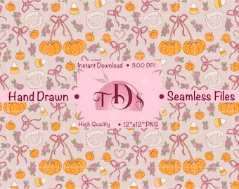 Coquette Halloween Seamless Surface Pattern: Pumpkin Cherry Digital Paper Design (Digital File PNG)