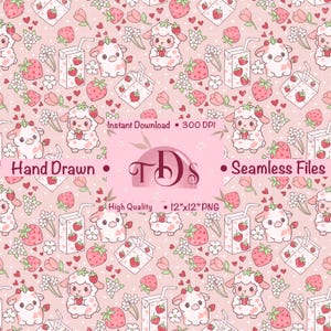 May include: A seamless pattern featuring cartoon sheep holding strawberries, strawberry juice boxes, strawberries, flowers, and hearts on a pink background. The text "Instant Download", "Hand Drawn", "Seamless Files", "High Quality", and "12"x12" PNG" is also present.