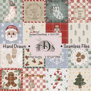 Peut inclure: Un motif numérique de Noël avec des éléments festifs. Le design comprend le Père Noël, des rennes, des bas de Noël, des bonhommes en pain d'épices, des cannes en sucre et des arbres de Noël. Le texte comprend "Hand Drawn", "Instant Download", et "Seamless Files".