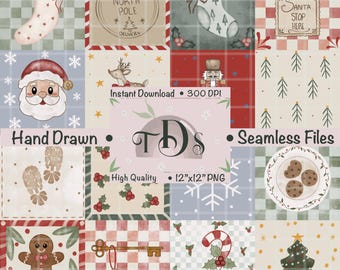 May include: A festive digital pattern with Christmas motifs. The design incorporates Santa, reindeer, stockings, gingerbread figures, candy canes, and Christmas trees. The text includes "Hand Drawn", "Instant Download", and "Seamless Files". The pattern is 12"x12" PNG.