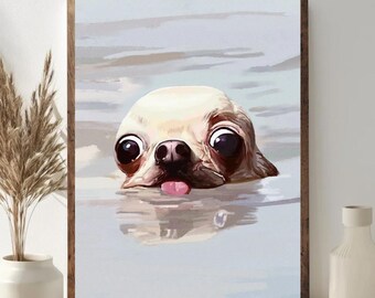 Swimming Chihuahua Meme Poster Unframed, Funny Dog Wall Art