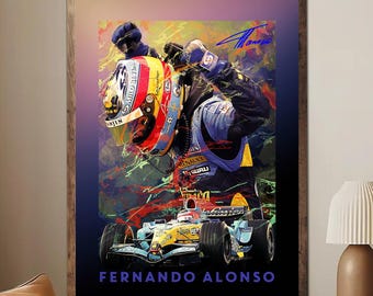 Póster de Fernando Alonso sin marco, impresión artística de Aston Martin F1, decoración de pared de automovilismo, regalo para un fan de la F1, obra de arte de coches de carreras.
