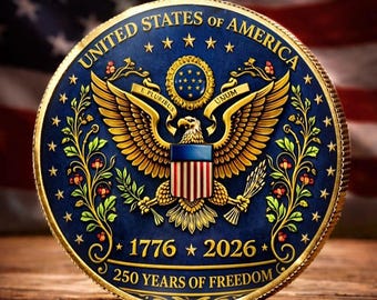 Moneda conmemorativa del 250 aniversario de Estados Unidos: Raíces fuertes, futuro brillante.