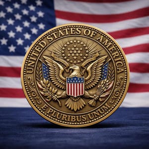 May include: A detailed gold-colored coin featuring the United States of America seal, with an eagle, stars, and the text "E PLURIBUS UNUM." The coin is set against a backdrop of the American flag, with red, white, and blue stripes and stars.