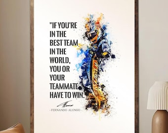 Póster de Fernando Alonso sin marco, impresión artística de Aston Martin F1, decoración de pared de automovilismo, regalo para un fan de la F1, obra de arte de coches de carreras.