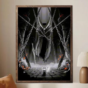 May include: A framed artwork depicting a dark fantasy scene. A large, chained figure looms over a small character with a sword. The artwork is primarily black and white with red accents, set in a stone environment.
