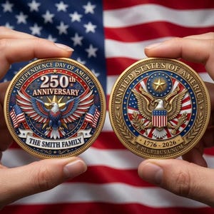 Puede incluir: Dos monedas conmemorativas se muestran contra una bandera estadounidense. Una moneda dice "Independence Day of America 250th Anniversary" con un águila y banderas. La otra moneda dice "United States of America" con un águila y los años 1776-2026.