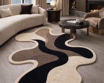 Hand-Tufted Wool Area Rug | Irregular Abstract Wavy Pattern, Multicolour Blob Design