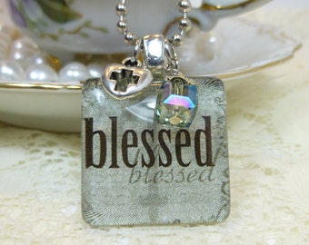 Christian Jewelry Olive Blessed Glass Tile Pendant with Charms on Silver Plated Ball Chain