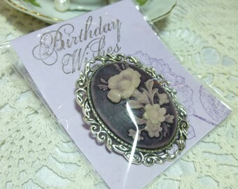 Mothers Day Gift Antique Silver Cameo Brooch Purple Floral Cameo Brooch 40 X 30mm Gorgeous Purple Sunflower Pin