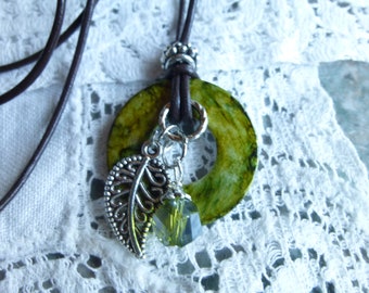 Olive Crystal Filigree Leaf Washer Pendant on 25 Inch leather necklace Boho Necklace Modern Pendant