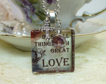 Christian Jewelry Do Small Things WIth Great Love Christian Glass Tile Pendant with Dangles and Charm Necklace on Silver Plated Ball Chain