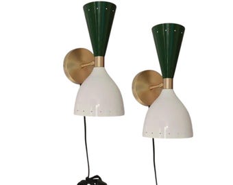 Green White Cone Shade Light, Wall Sconce, Mid Century Modern Lighting Fixture, Retro Lamp