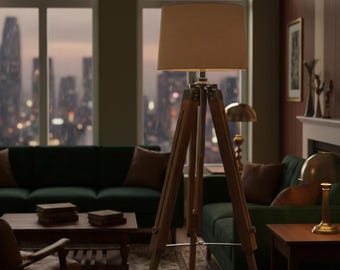 Teak Tripod Floor Lamp  with Adjustable Height  Unique Tripod Design