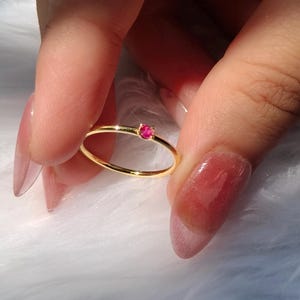 Dainty Solitaire Ruby Ring, Minimalist Yellow Gold Round Gemstone Stacking Band, Delicate July Birthstone Ring, Simple Gift for Her