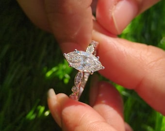 Marquise Moissanite Engagement Ring, Sterling Silver Art Deco Wedding Band, Bridal Bubble Ring