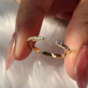 14k Gold Open Cuff Diamond Ring, Platinum Baguette Wedding Band, Geometric Stackable Ring