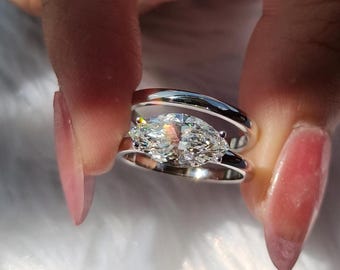 Marquise Cut Diamond Engagement Ring Set, East West Solitaire, Platinum Wedding Band