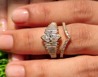 Marquise Moissanite Engagement Ring, Sterling Silver Art Deco Wedding Band, Baguette Cluster Bridal Set