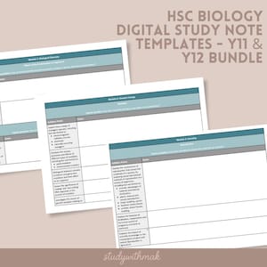 May include: Digital study note templates for HSC Biology, Y11 & Y12 bundle. The notes are on white paper with teal and grey accents. The text includes module titles and syllabus points. The image also includes the text "studywithmak".
