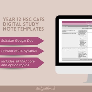 Puede incluir: Plantillas de notas de estudio digitales para el HSC CAFS de 12º curso, que incluyen un documento de Google editable, el programa de estudios NESA actual y todos los temas principales y opcionales del HSC. La imagen muestra una pantalla de ordenador.