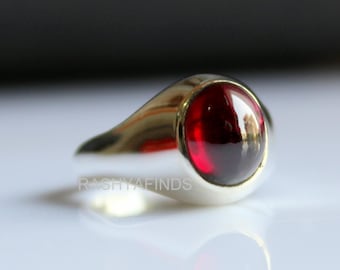 Natural Garnet Cabochon Signet Ring, 925 Sterling Silver, Mens Statement Ring, January Birthstone