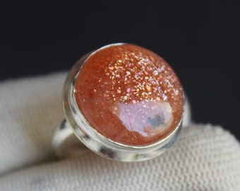 Orange Sunstone Ring in 925 Sterling Silver, Handmade Sparkly Gemstone Ring, Glowing Statement Jewelry