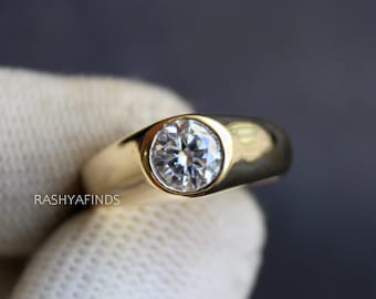 Moissanite Diamond Round Signet Ring, 925 Sterling Silver, 22k Gold Vermeil, Pinky Finger Ring
