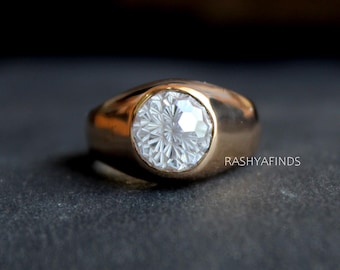 Flower Cut CZ Signet Ring, 925 Sterling Silver Floral Cut Cubic Zirconia Ring, Handmade Signet Ring, Statement Gemstone Ring