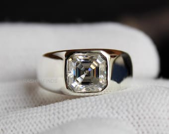 Asscher Cut Moissanite Signet Ring, 925 Sterling Silver, 22k Gold Micron, Pinky Ring