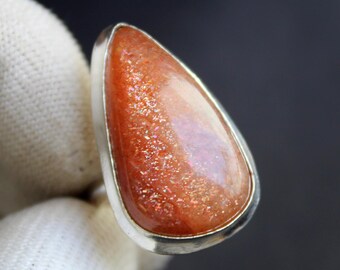 Orange Sunstone Ring in 925 Sterling Silver, Handmade Sparkly Gemstone Ring, Glowing Statement Jewelry