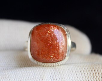 Orange Sunstone Ring in 925 Sterling Silver, Handmade Sparkly Gemstone Ring, Glowing Statement Jewelry