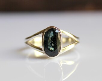 Natural Moss Kyanite Oval Ring, Sterling Silver Gold Vermeil Rose Statement Ring