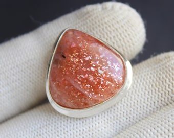 Orange Sunstone Ring in 925 Sterling Silver, Handmade Sparkly Gemstone Ring, Glowing Statement Jewelry