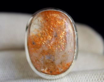 Orange Sunstone Ring in 925 Sterling Silver, Handmade Sparkly Gemstone Ring, Glowing Statement Jewelry