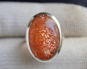 Orange Sunstone Ring in 925 Sterling Silver, Handmade Sparkly Gemstone Ring, Glowing Statement Jewelry