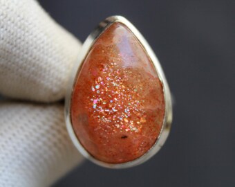 Orange Sunstone Ring in 925 Sterling Silver, Handmade Sparkly Gemstone Ring, Glowing Statement Jewelry