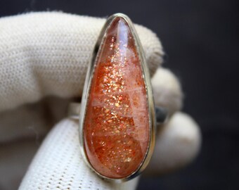 Orange Sunstone Ring in 925 Sterling Silver, Handmade Sparkly Gemstone Ring, Glowing Statement Jewelry