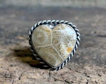 Natural Fossil Coral 925 Sterling Silver Ring, Natural Gemstone Jewelry