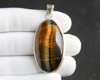 Natürlicher Tigerauge Anhänger aus 925 Sterling Silber, Tigerauge Stein Anhänger, handgemachter Edelstein Anhänger, braun goldener Schmuck
