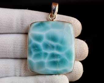 Colgante de larimar AAA de plata 925, collar de larimar natural, colgante de piedra azul caribeña, joyería artesanal llamativa, regalo para ella.