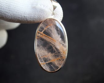 Handgefertigter Feuerquarz Anhänger, 925 Sterling Silber, Roter Einschluss Kristall Halskette 38 x 20 mm
