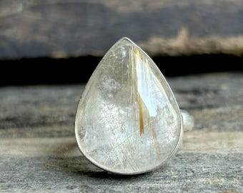 Goldener Rutilquarz Ring • 925 Sterling Silber Ring • Rutilquarz Schmuck • Handgemachter Edelsteinring • Statement Silber Ring