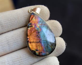 Rare Spectrolite Flashy Labradorite 925 Sterling Silver Pendant, Iridescent Flashy Gemstone Jewelry